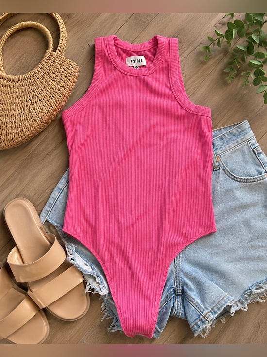 pistola Tops - Pistola Pink Ribbed Sleeveless Bodysuit Size Small | High Neck Stretch Tank Top